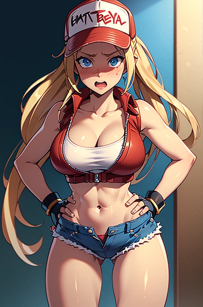 (masterpiece), best quality, expressive eyes, perfect face, highres, (8k), (perfect face), (ultra details), 1 girl, solo, terry bogard girl, blonde hair, ponytail, blue eyes, long hair, baseball cap, fingerless gloves, denim shorts, shoes, hands on own chest
, blushing, frightened, anguished, open-mouthed, room background, no posing, standing, portrait, looking down