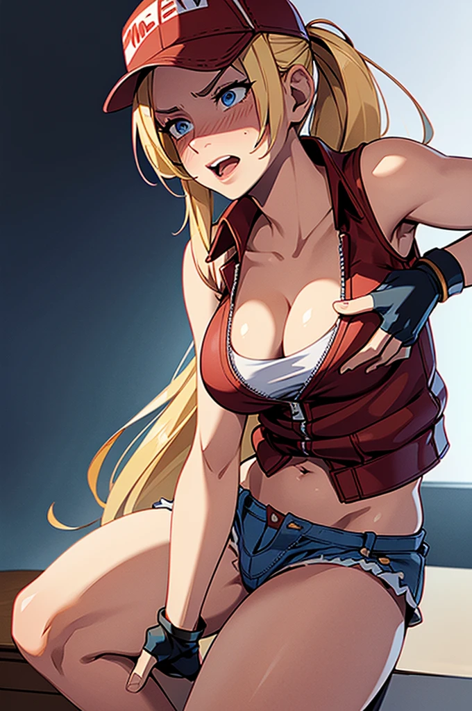 (masterpiece), best quality, expressive eyes, perfect face, highres, (8k), (perfect face), (ultra details), 1 girl, solo, terry bogard girl, blonde hair, ponytail, blue eyes, long hair, baseball cap, fingerless gloves, denim shorts, shoes, hands on own chest
, blushing, frightened, anguished, open-mouthed, room background, no posing, standing, portrait, looking down