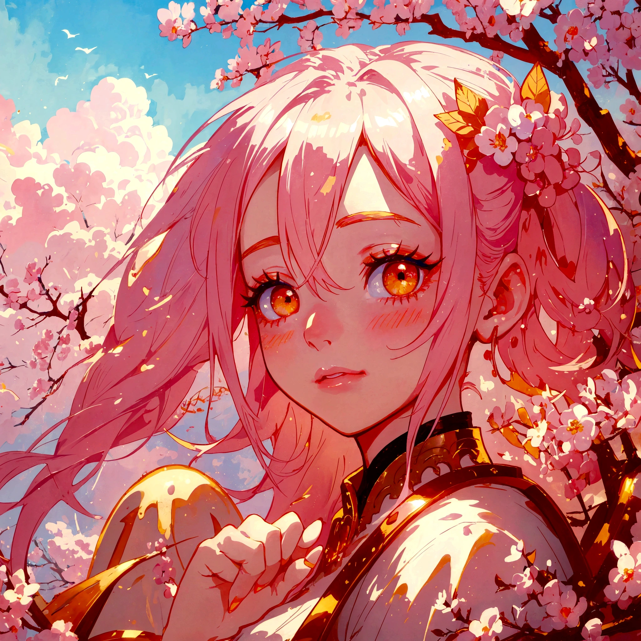 Close-up of a beautiful girl with pink hair and golden eyes,Double ponytails,Long eyelashes,Golden eye shadow,A light blush on the lips。Her hands touch her face,Her fingers are slender,And beautiful long nails。Pastel colors are used for surreal portraiture and fantasy illustrations。Ethereal background provides a cute cartoon design,Gently illuminates the dreamlike picture,Digital art technique showing detailed brush strokes in high resolution in the style of a fantasy illustrator