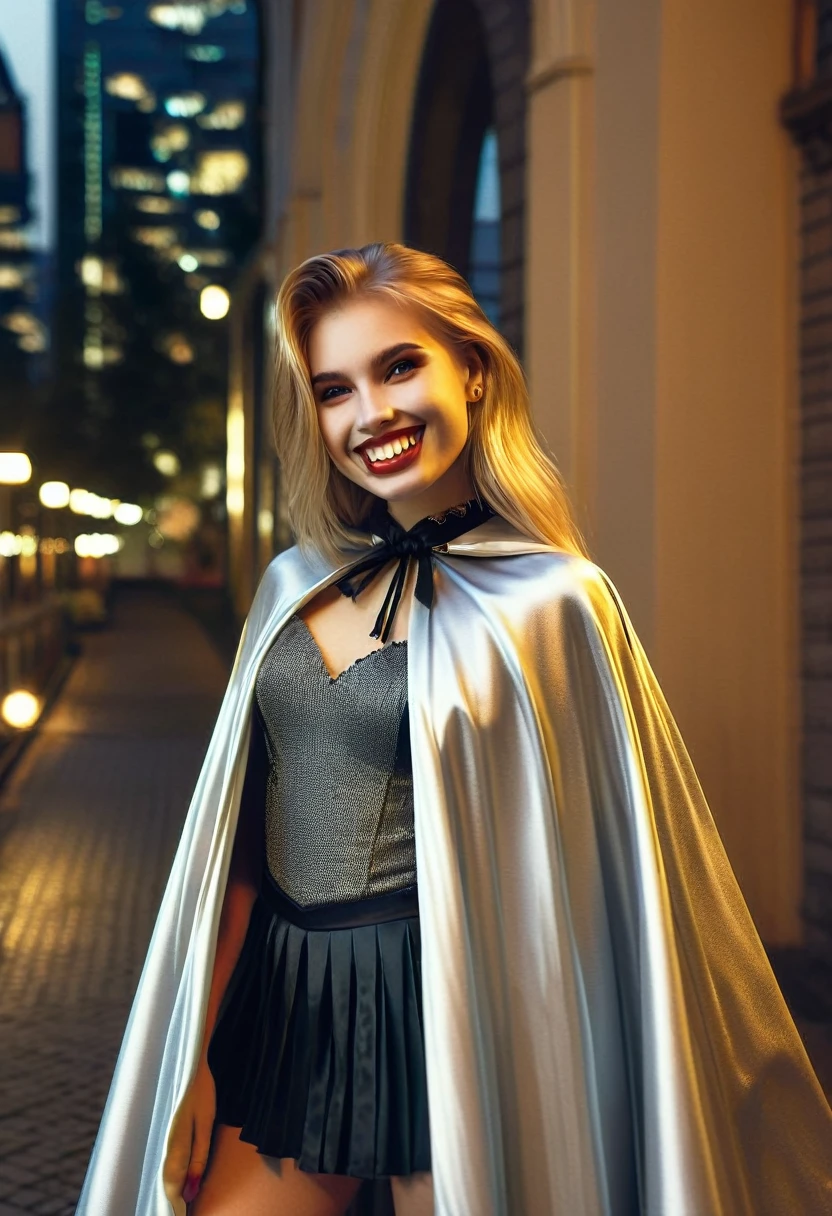 Vampyfangs1,(RAW photo) , 1girl, cute, 20 years old, long blonde hair in ponytail, smiling, look at viewer, ((((silver and gold lined satin cape tied at the neck)))+++, side spilt skirt , photo, realistic, best quality, hires, detailed face, detailed background, diffused lighting, depth of field, bokeh