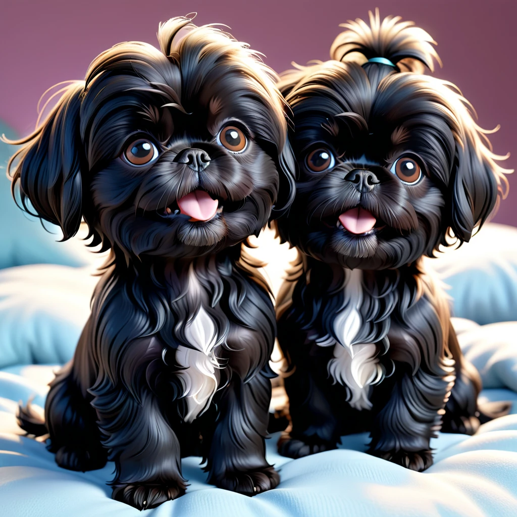 2 Adorable small black Shih Tzu puppies waking up messy hair 3d cartoon 3d render disney pixar style