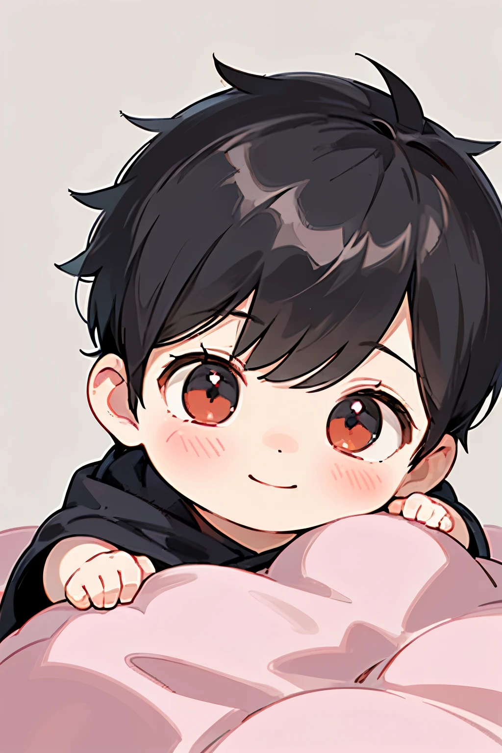 (high-quality, breathtaking),(expressive eyes, perfect face) portrait, Symmetrical Eyes, 1boy, male , solo, 1 , black hair, red coloured eyes, short hair, spiked hair, fluffy hair, baby faceall background, detailed eyes, cute smile, sitting in a pile of blankets