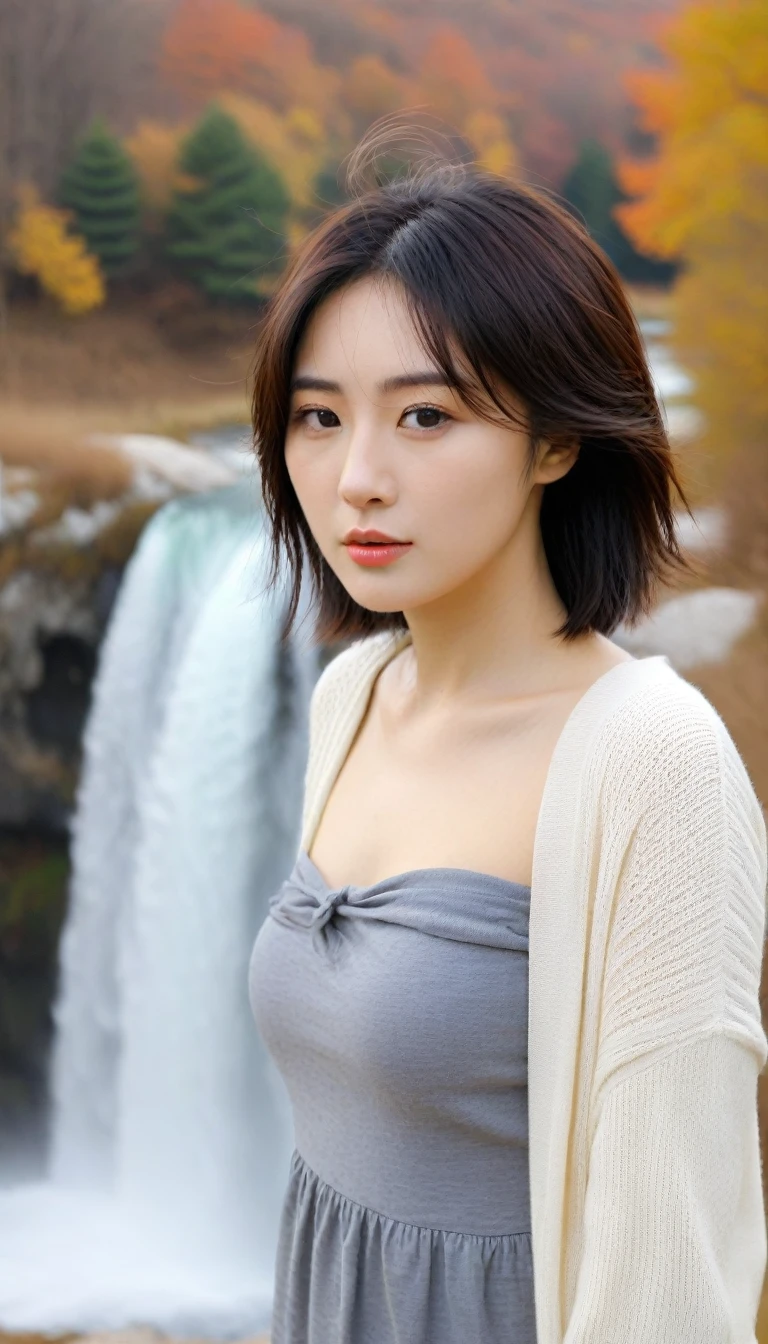 Beautiful Korean Woman, Chest size 34 inches, Autumn scenery of Lake Hlcevice, Croatia, At the waterfall, Short and medium hair blowing in the wind.