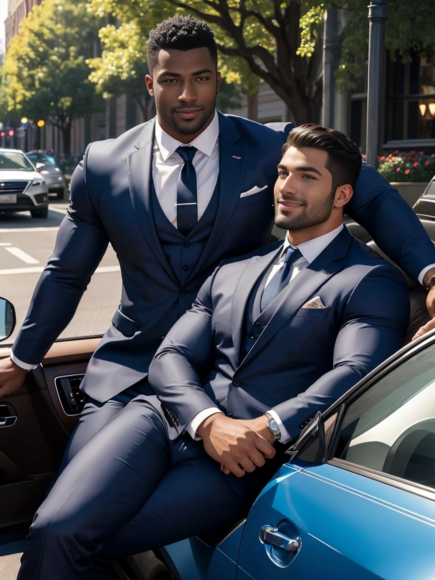 8K，8K resolution，2 Muscular Europeans, handsome man，charming eyes，dark skin,beautiful, smooth and shiny，Full muscles，Thick body hair， (wearing a stylish suit)，big bag highlights，Excellent j8，emphasize，Driving a luxury convertible，The car is full of roses，Two men smiling happily，professional lighting，Professional photography，Realistic photos，realistic model，realistic art，Perfect hand details