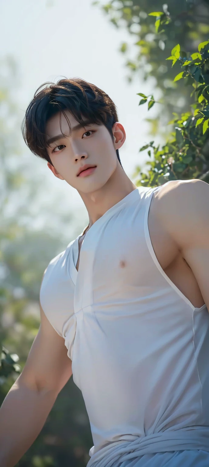 a close up of a man in a white shirt posing for a picture, inspired by Zhang Han, jinyoung shin, kim doyoung, yanjun chengt, hot with shining sun, realistic. cheng yi, cai xukun, inspired by Bian Shoumin, extremely handsome, mid-shot of a hunky, handsome male, inspired by Yanjun Cheng, south korean male,((depth of field)),((open and vast place)),telephoto lens,(((close-up))),(chest focus),(((perspective from below))),(simple background),(simple color),((blurry)),(horizon),
 1boy,cool guy,peaceful,((floating short hair)),((((bangs)))),(((soft clean hair))),(((silky skin))) ,((smooth skin)) ,clean body,(clean face),((smooth face)),(natural pretty face),((adam's apple)),((looking up)),((solo)),(teenage),(wind),(chin up),(hopeful),
((skin tight open shirt)),(mini white shirt),
(narrow waist),slender waist,muscular,(broad shoulders),((huge wide chest)),(((huge plump chest))),((bursting chest)),(((huge muscle ))),(bodybuilder),((beautiful cleavage)),
