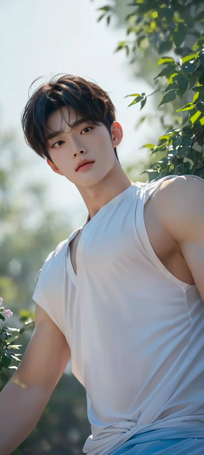 a close up of a man in a white shirt posing for a picture, inspired by Zhang Han, jinyoung shin, kim doyoung, yanjun chengt, hot with shining sun, realistic. cheng yi, cai xukun, inspired by Bian Shoumin, extremely handsome, mid-shot of a hunky, handsome male, inspired by Yanjun Cheng, south korean male,((depth of field)),((open and vast place)),telephoto lens,(((close-up))),(chest focus),(((perspective from below))),(simple background),(simple color),((blurry)),(horizon),
1boy,cool guy,peaceful,((floating short hair)),((((bangs)))),(((soft clean hair))),(((silky skin))) ,((smooth skin)) ,clean body,(clean face),((smooth face)),(natural pretty face),((adam's apple)),((looking up)),((solo)),(age),(wind),(chin up),(hopeful),
((skin tight open shirt)),(mini white shirt),
(narrow waist),slender waist,muscular,(broad shoulders),((huge wide chest)),(((huge plump chest))),((bursting chest)),(((huge muscle ))),(bodybuilder),((beautiful cleavage)),