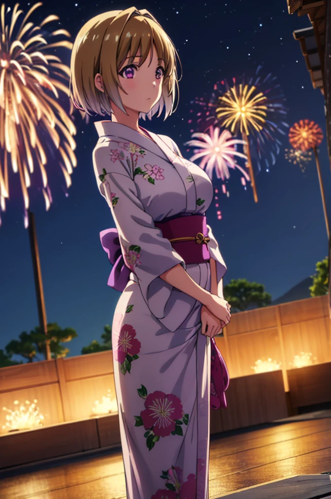 (masterpiece:1.3), (best quality:1.1), (8k, ultra detailed, ultra high res:1.2), ((anime style)), perfect 5 fingers, perfect anatomy, 
1girl,
Kushida Kikyou, 
short hair, 
bronze hair, 
(purple eyes:1.2), small eyes, 
large breasts, 
yukata, 
looking at viewer, 
cowboy shot, 
natural light, standing, detail background, outdoor, outside, (floral pattern yukata:1.2), (late night:1.2), sky, (fireworks in night sky:1.1), (night sky:1.1), big fireworks