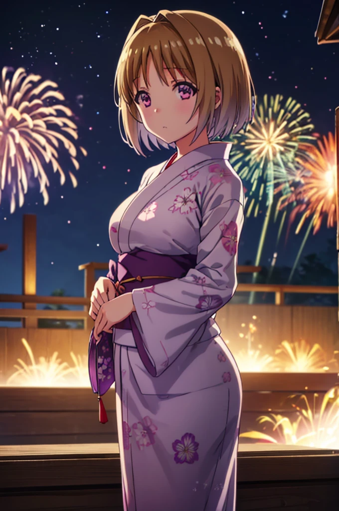 (masterpiece:1.3), (best quality:1.1), (8k, ultra detailed, ultra high res:1.2), ((anime style)), perfect 5 fingers, perfect anatomy, 
1girl,
Kushida Kikyou, 
short hair, 
bronze hair, 
(purple eyes:1.2), small eyes, 
large breasts, 
yukata, 
looking at viewer, 
cowboy shot, 
natural light, standing, detail background, outdoor, outside, (floral pattern yukata:1.2), (late night:1.2), sky, (fireworks in night sky:1.1), (night sky:1.1), big fireworks