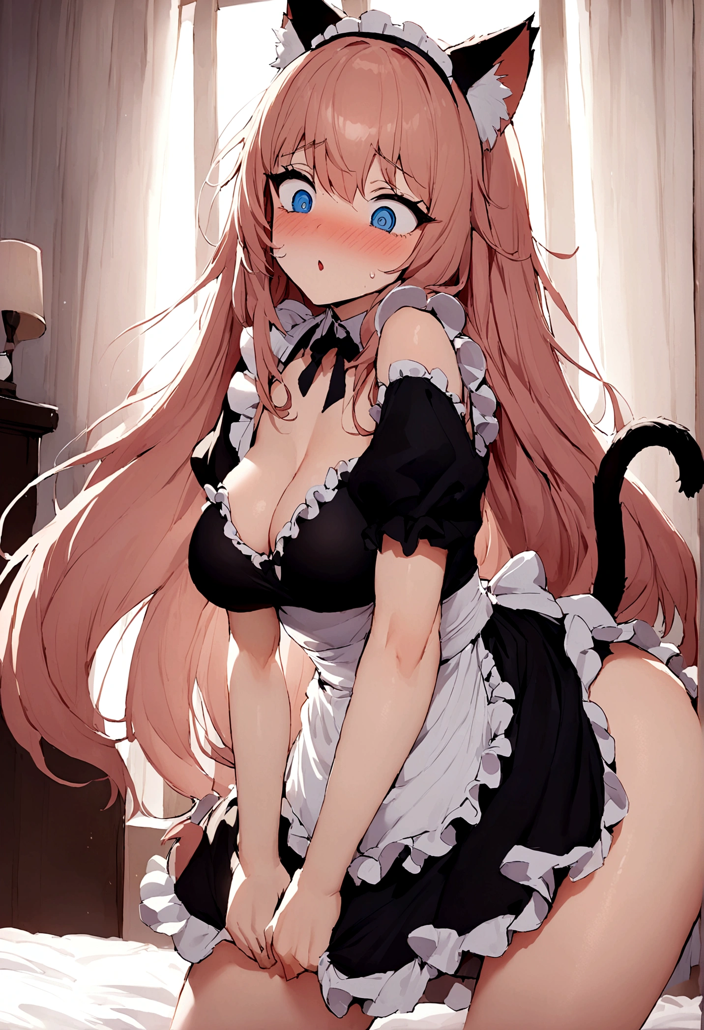 beautiful，(Sexy)，Elegant women，Mature，big eyes，Long hair，Summer，Cat ear，cute，Maid costume，Tail，In the bedroom