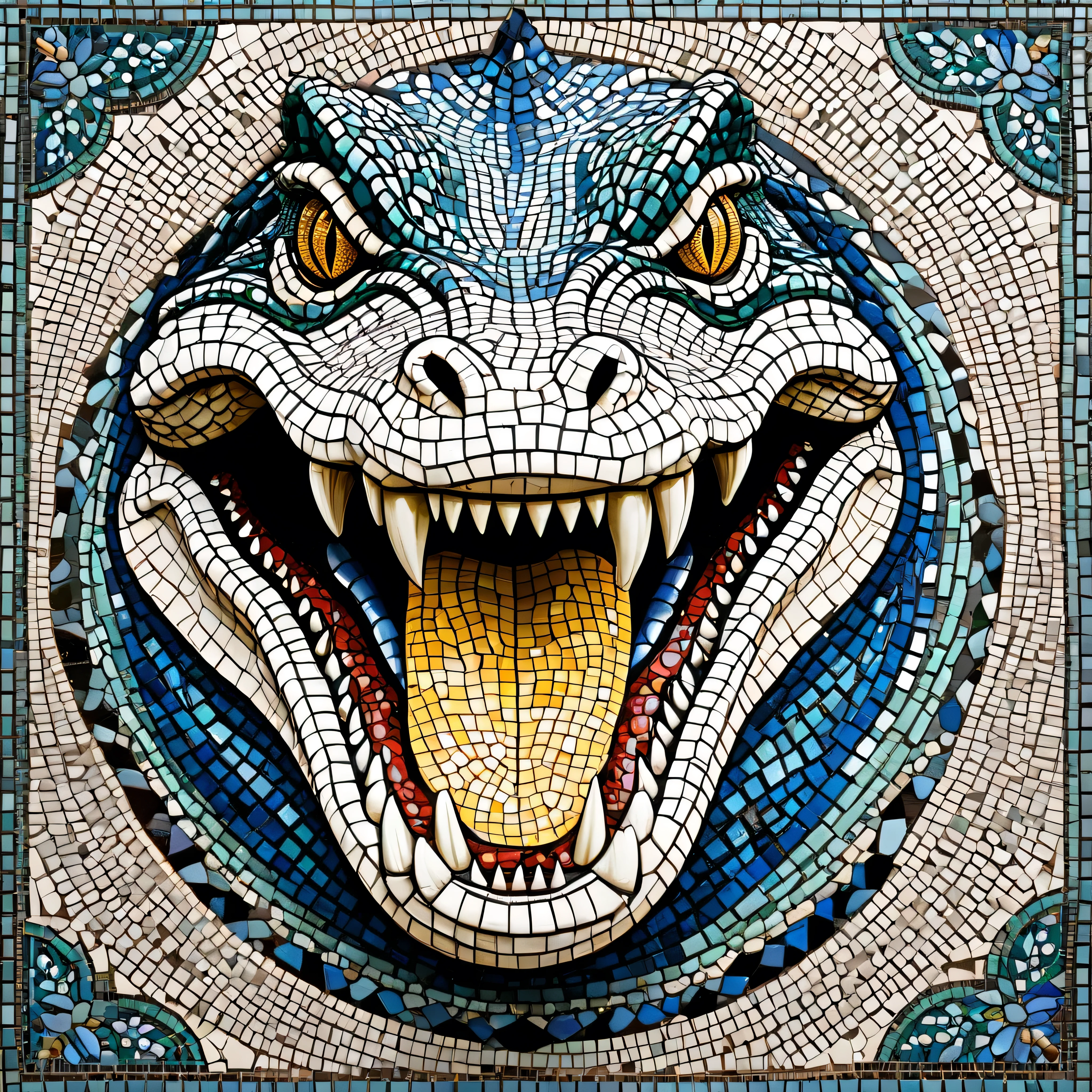 mosaic art, mosaic inspired image designs with intricate tile patterns, an angry crocodile is opening its mouth and showing its face