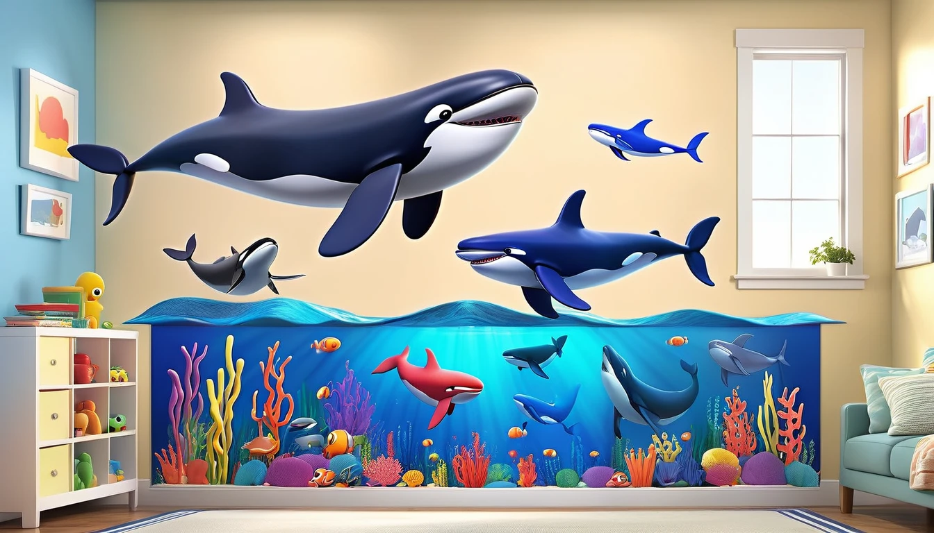 Create a 3-D Pixar style art scene for kids featuring various whales like blue whales, humpback whales, and orcas. The scene should be colorful and vibrant, with an ocean background, coral reefs, and schools of fish. The overall mood should be engaging and inviting for young children.
