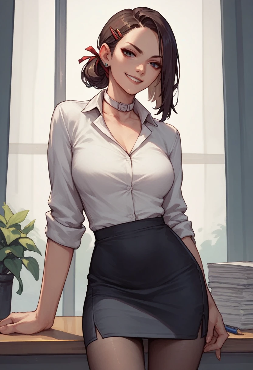 1 woman, Nicole starts, hair ribbon, hairpin, alone, office lady, white collar shirt, pencil skirt, black pantyhose, smirk, looking at viewer, touch one's glasses, office, inside, depth of field,Nicole starts,Tube top, single thighhigh, short shorts, cropped jacket, belt boots, hair ribbon, hairclip, earrings, single sock, high belt, thigh strap, detached sleeves, doll, black collar,