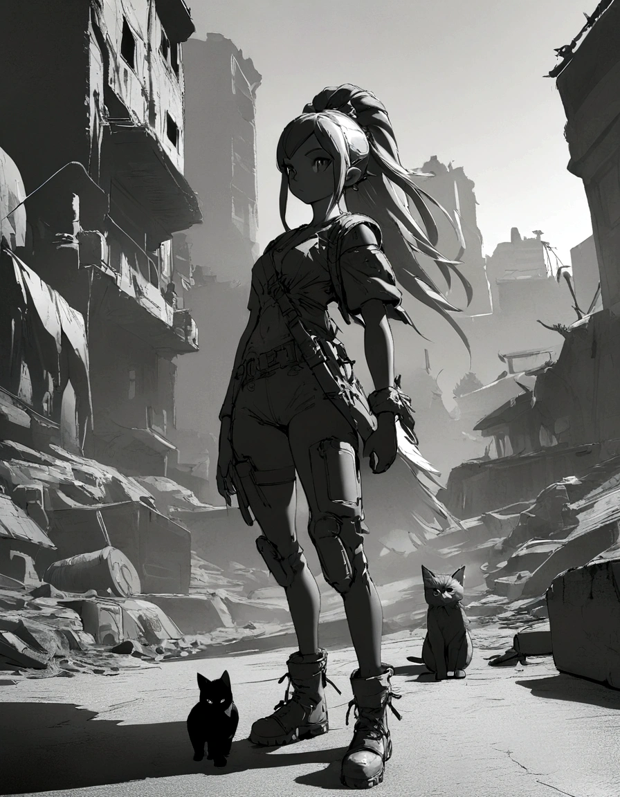 A kitten, charasil, monochrome, game characters, original designs, psychedelic, finely detailed, dramatic, ray tracing, Post-Apocalyptic, 1girl, charasil style, full body