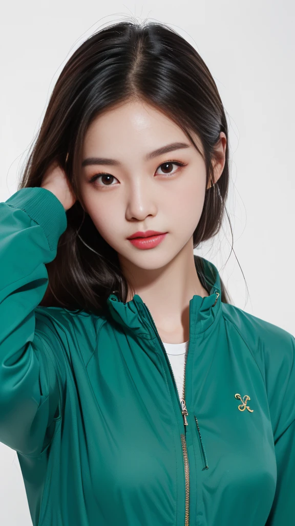 best quality、Very detailed、Finely、high resolution、8k wallpaper、Perfect dynamic composition、Close-up of a woman wearing a green jacket,She is posing for a picture, wenfei ye, Inspired by Ma Yuanyu, Beautiful Chinese model, Bae Suzy, li zixin, Lee Ji-eun, Lee Ji-eun, lulu chen, lu ji, Xue Han, Wenjun Lin, Portrait of a Korean female idol, author:unbelievable