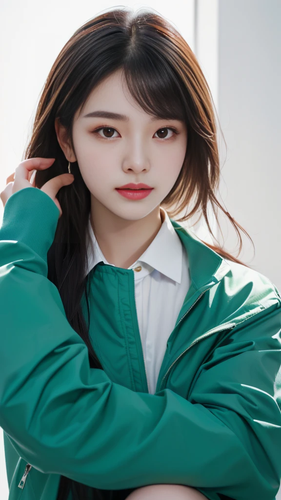 best quality、Very detailed、Finely、high resolution、8k wallpaper、Perfect dynamic composition、Close-up of a woman wearing a green jacket,She is posing for a picture, wenfei ye, Inspired by Ma Yuanyu, Beautiful Chinese model, Bae Suzy, li zixin, Lee Ji-eun, Lee Ji-eun, lulu chen, lu ji, Xue Han, Wenjun Lin, Portrait of a Korean female idol, author:unbelievable