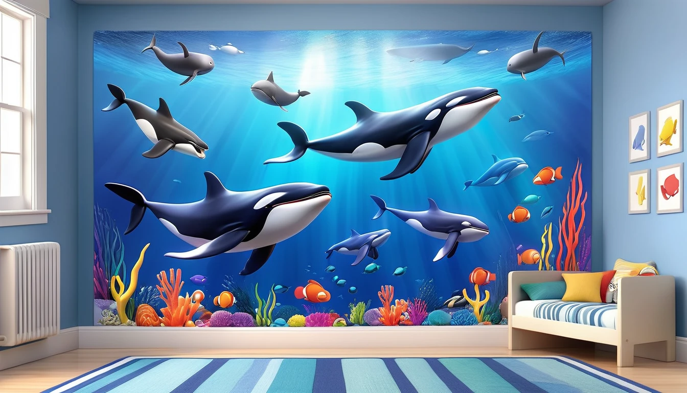 Create a 3-D Pixar style art scene for kids featuring various whales like blue whales, humpback whales, and orcas. The scene should be colorful and vibrant, with an ocean background, coral reefs, and schools of fish. The overall mood should be engaging and inviting for young children.