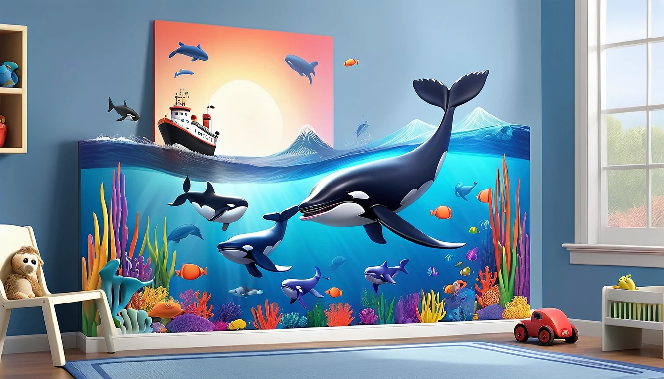 Create a 3-D Pixar style art scene for kids featuring various whales like blue whales, humpback whales, and orcas. The scene should be colorful and vibrant, with an ocean background, coral reefs, and schools of fish. The overall mood should be engaging and inviting for young children.