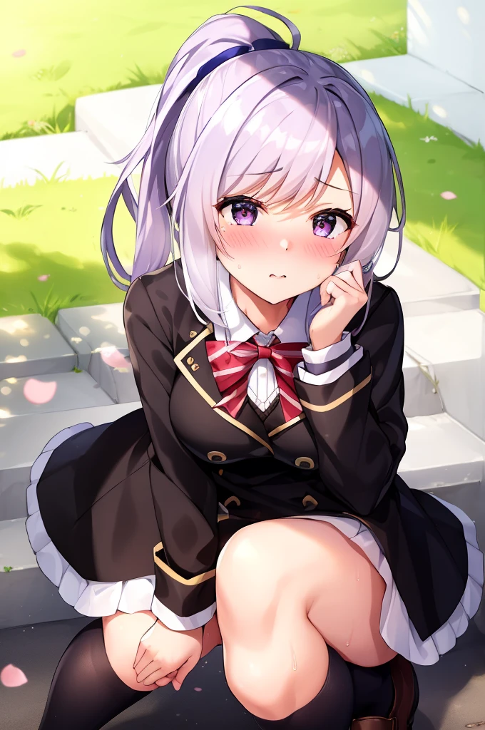 ((( masterpiece, Highest quality))), ((girl)),、Browsing Caution、at close range、cute、White Hair、Long Hair、Blue right eye、 Purple left eye、 ponytail、Black long coat,、Check skirt、Put your hands on your crotch:1.4、Knee socks vibrator thigh vibrator, Black lace panties、Life、anger、anger look、anger、((close)), ((Blushed)),,,Sweat、Perfect lighting、Natural light、Perfect composition、school gate、cherry blossoms