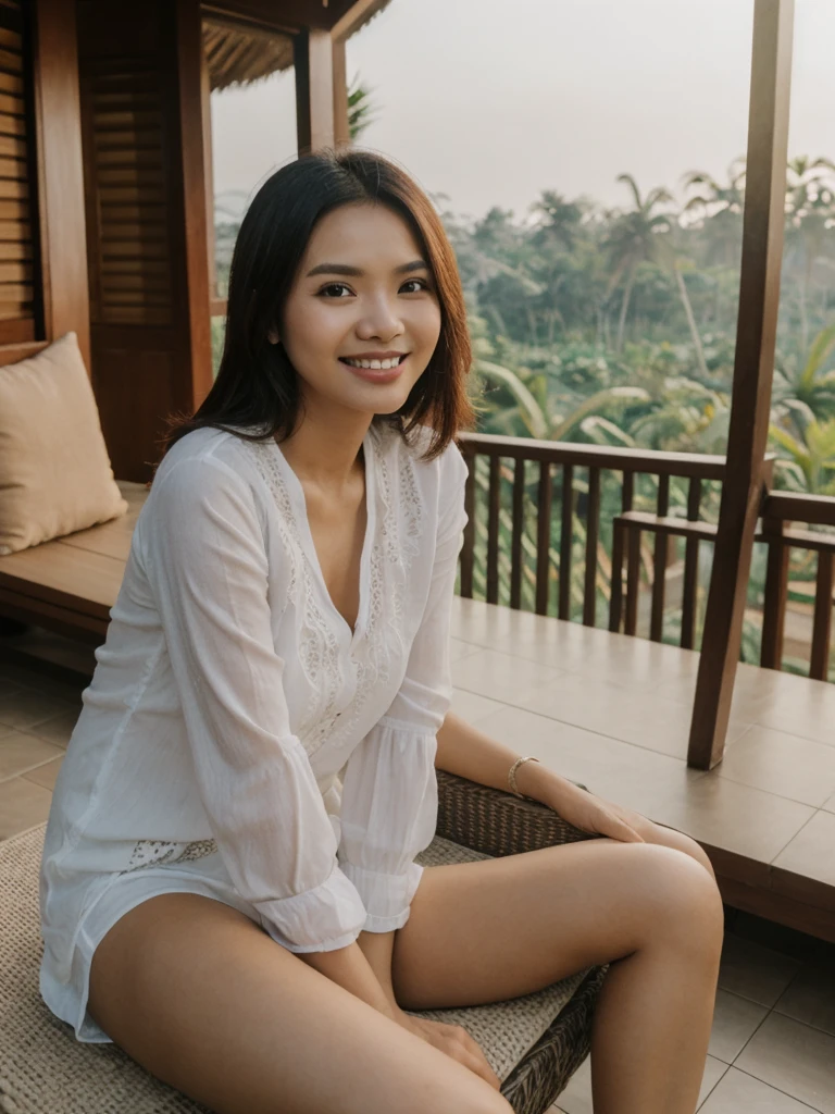 Mina, 1girl, solo, realistic, photorealistic, high quality picture, 8k, high resolution, detailed quality, film grain, natural photo, ultrarealistic, (((25-years-old))), ((detailed wrinkles in her face)), FILIPINA, (Background: Indonesian), (((SLIM))), ((THIN)), (Slender) (Auburn Short hair)), Light smile, fully clothed, Pose: Sitting, ((sitting on her patio in her house in Indonesia)), sunrise, full shot