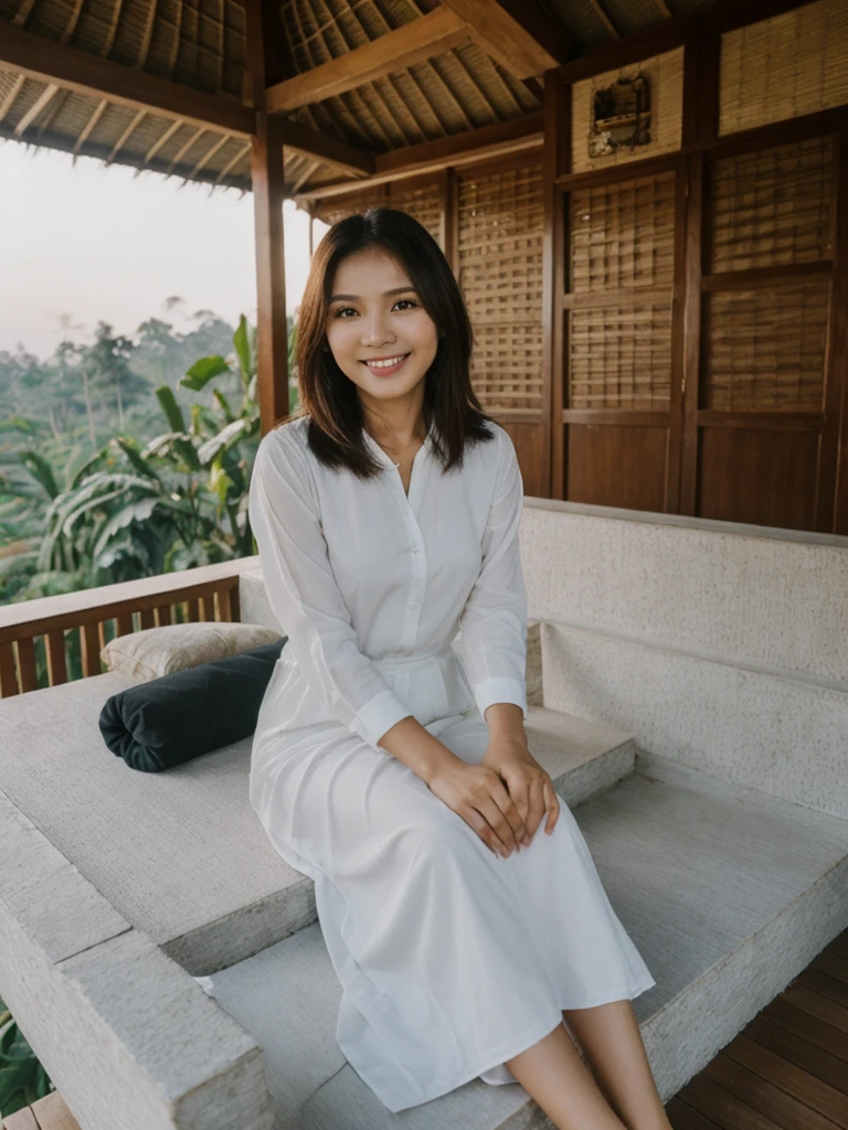 Mina, 1girl, solo, realistic, photorealistic, high quality picture, 8k, high resolution, detailed quality, film grain, natural photo, ultrarealistic, (((25-years-old))), ((detailed wrinkles in her face)), FILIPINA, (Background: Indonesian), (((SLIM))), ((THIN)), (Slender) (Auburn Short hair)), Light smile, fully clothed, Pose: Sitting, ((sitting on her patio in her house in Indonesia)), sunrise, full shot