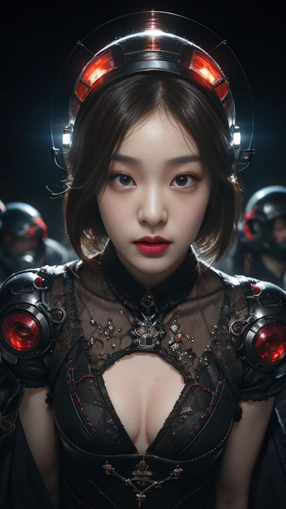 (기계1 girl과 외계인 1명)、（mystical expression）、top quality、masterpiece、Super high resolution、(realistic:1.4)、((heavy chest)),raw photo、1 girl、shiny skin、(((1 Mechanical Girl)))、((transparent crystal suit bodysuit、the body can see through)).(natural alien background to fight aliens)、(Compact LEDs)、((매우 realistic 디테일))),world lights、shadow、octane render、8K、very sharp、desk person background、giant 、Raw skin exposed in cleavage、red metal、Details of intricate ornaments、Japan Details、very intricate details、realistic light、(mystical expression),CG Society Trenlow Eyes、Shining eyes towards the camera、Mechanical peripheral blood vessels connected to tubes with neon details)、(Wires and cables connected to the head)、Compact L,mechanical thighs、Two-Stock、（Hands were also made by machines）、、alien from the future、Please wear a mechanical helmet.、