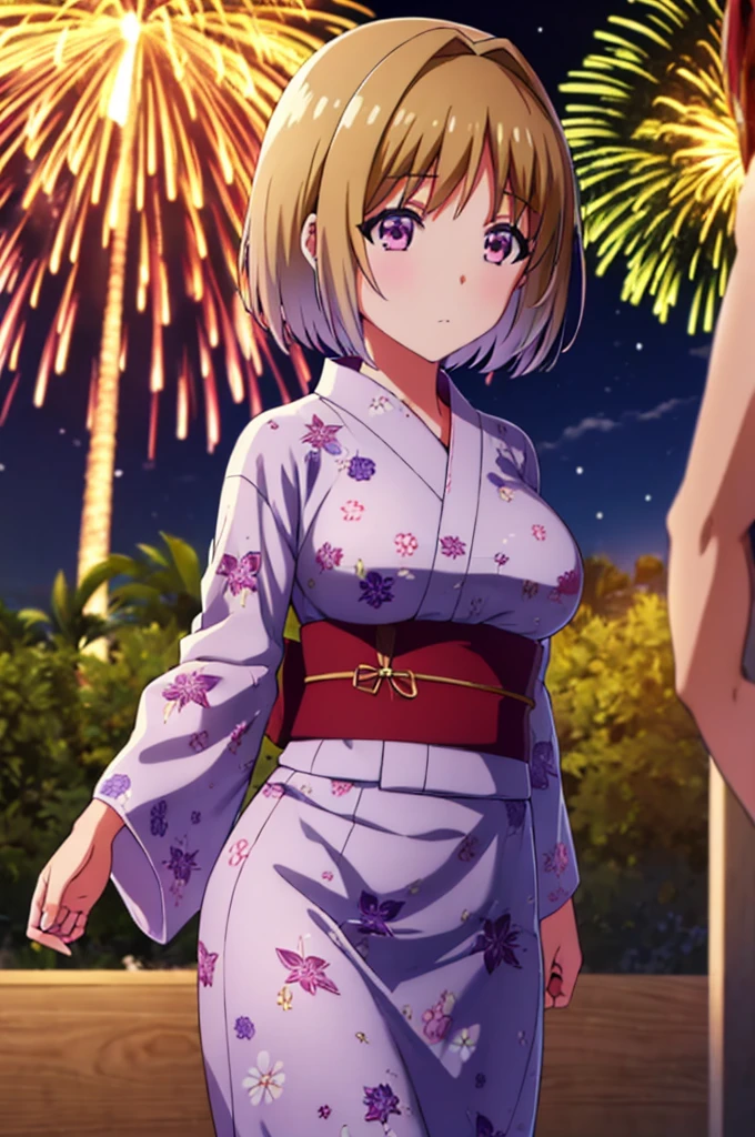 (masterpiece:1.3), (best quality:1.1), (8k, ultra detailed, ultra high res:1.2), ((anime style)), perfect 5 fingers, perfect anatomy, 
1girl,
Kushida Kikyou, 
short hair, 
bronze hair, 
(purple eyes:1.2), small eyes, 
large breasts, 
yukata, 
looking at viewer, 
cowboy shot, 
natural light, standing, detail background, outdoor, outside, (floral pattern yukata:1.2), (late night:1.2), sky, (fireworks in night sky:1.1), (night sky:1.1), big fireworks