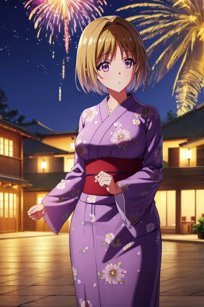 (masterpiece:1.3), (best quality:1.1), (8k, ultra detailed, ultra high res:1.2), ((anime style)), perfect 5 fingers, perfect anatomy, 
1girl,
Kushida Kikyou, 
short hair, 
bronze hair, 
(purple eyes:1.2), small eyes, 
large breasts, 
yukata, 
looking at viewer, 
cowboy shot, 
natural light, standing, detail background, outdoor, outside, (floral pattern yukata:1.2), (late night:1.2), sky, (fireworks in night sky:1.1), (night sky:1.1), big fireworks