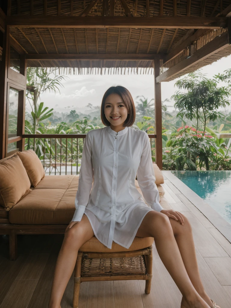 Mina, 1girl, solo, realistic, photorealistic, high quality picture, 8k, high resolution, detailed quality, film grain, natural photo, ultrarealistic, (((25-years-old))), ((detailed wrinkles in her face)), FILIPINA, (Background: Indonesian), (((SLIM))), ((THIN)), (Slender) (Auburn Short hair)), Light smile, fully clothed, Pose: Sitting, ((sitting on her patio in her house in Indonesia)), sunrise, full shot