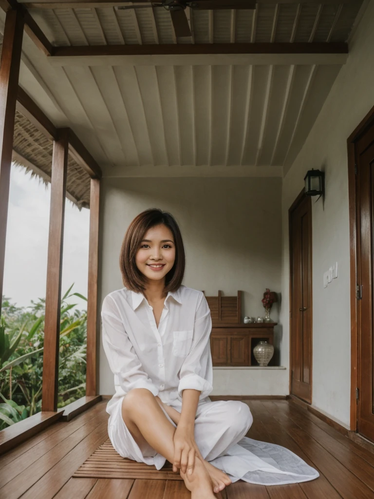 Mina, 1girl, solo, realistic, photorealistic, high quality picture, 8k, high resolution, detailed quality, film grain, natural photo, ultrarealistic, (((25-years-old))), ((detailed wrinkles in her face)), FILIPINA, (Background: Indonesian), (((SLIM))), ((THIN)), (Slender) (Auburn Short hair)), Light smile, fully clothed, Pose: Sitting, ((sitting on her patio in her house in Indonesia)), sunrise, full shot