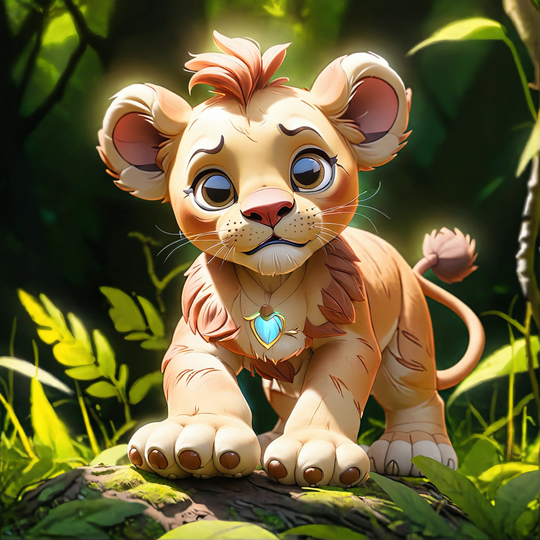 A bright female lion cub is walking in the forest. bright blue sky Sunlight shines through the leaves.