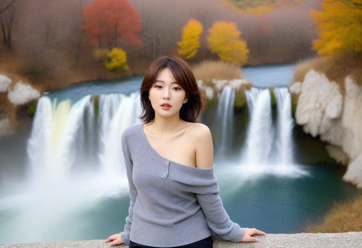 Beautiful Korean Woman, Chest size 34 inches, Autumn scenery of Lake Hlcevice, Croatia, At the waterfall, Short and medium hair blowing in the wind