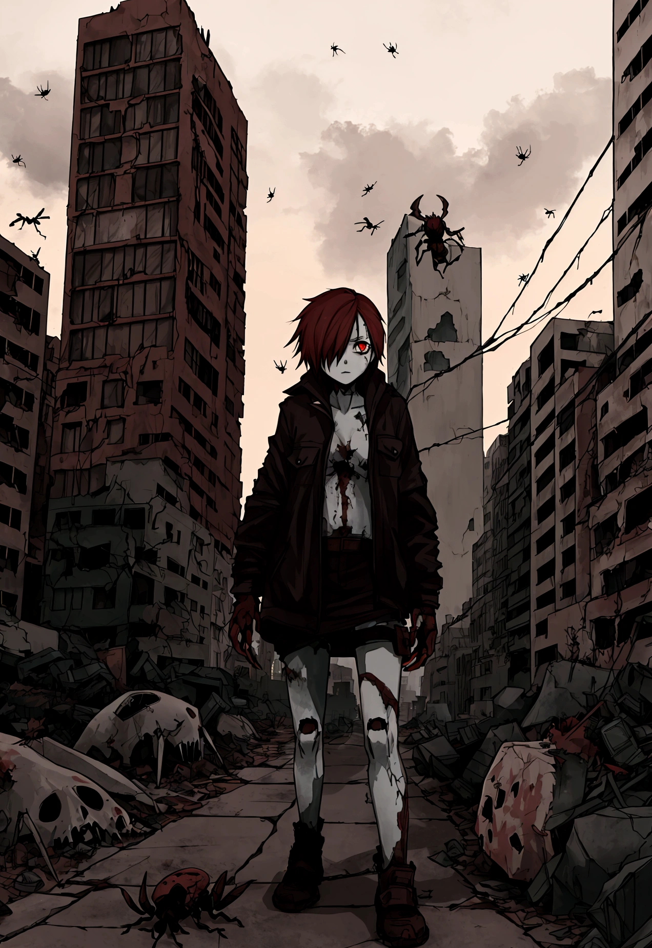 A young zombie girl, short black and red hair, eyes the color of dawn, deathly pale skin, a tattered , in the background a swarm of insects and an abandoned apocalyptic city.