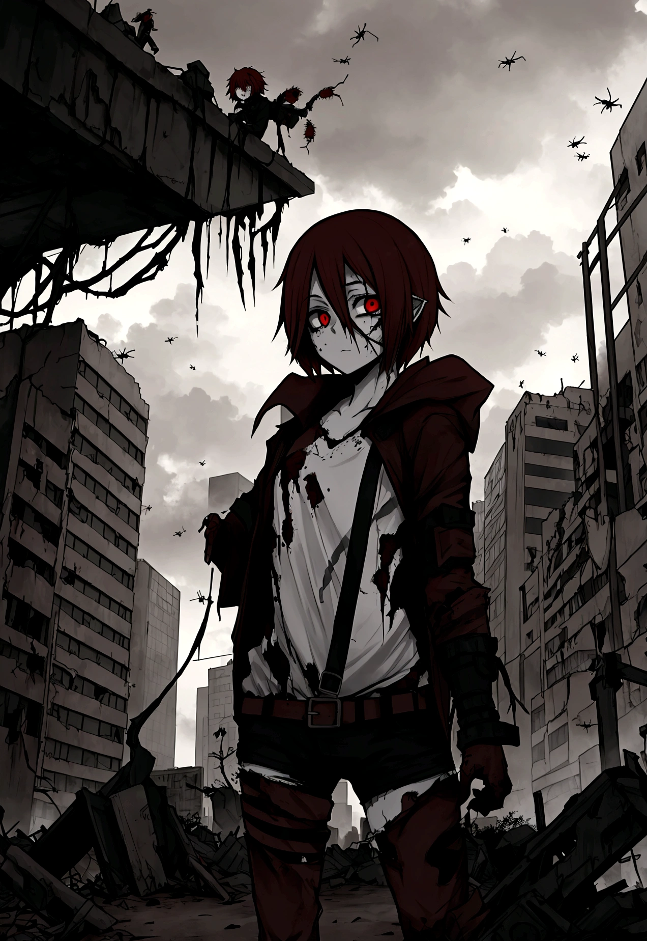 A young zombie girl, short black and red hair, eyes the color of dawn, deathly pale skin, a tattered , in the background a swarm of insects and an abandoned apocalyptic city.