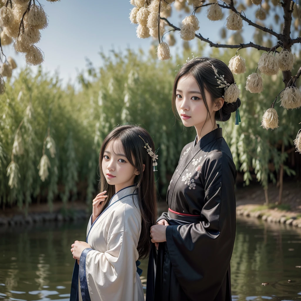 shukezouma, negative space, , shuimobysim , portrait of a woman standing , willow branches, (work of art, best qualityer:1.2), chinese traditional ink painting, model shoot style, peaceful, (ssmile), gazing at viewer, vestindo longo Hanfu, Hanfu, song, willow in the background, wuchangshuo,