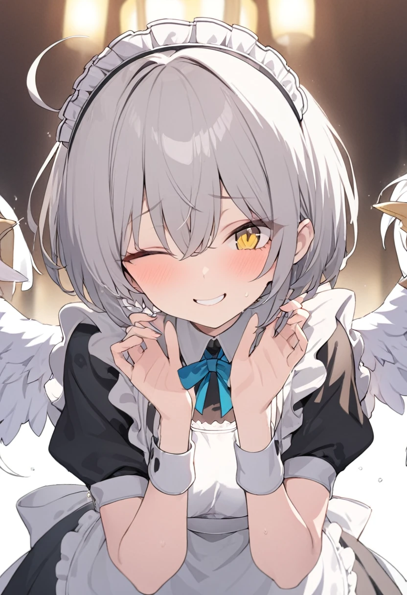 1 Girl，Maid clothes，Gray Hair，Wink，short hair，Beautiful Hands，Highest quality，masterpiece，Beautiful composition、Yellow eyes、Serious、Open only one eye、Flash from the eyes、Flash from the eyes、A big smile