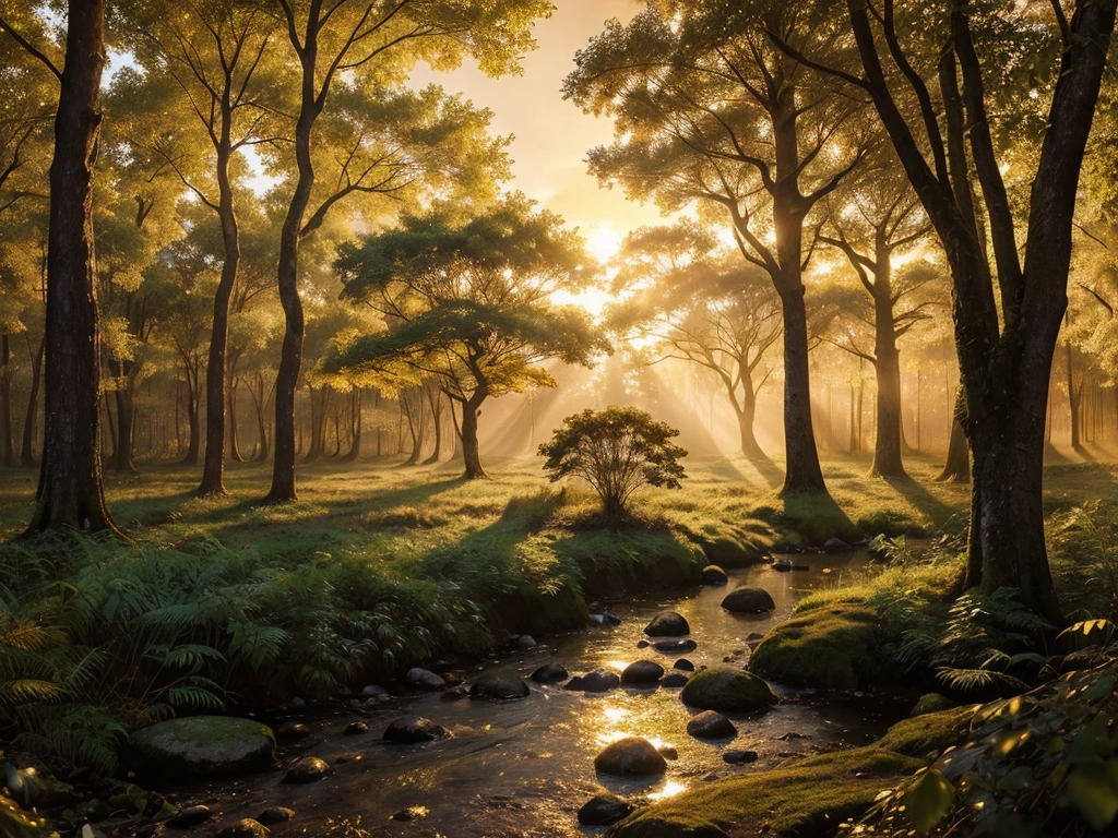 Create an awe-inspiring digital artwork that captures the serene beauty of an ancient forest at twilight. The scene should feature towering trees bathed in soft, golden light filtering through the foliage, casting gentle shadows on the lush undergrowth. The image should evoke a sense of tranquility and wonder, inviting viewers to immerse themselves in the enchanting realm of nature.