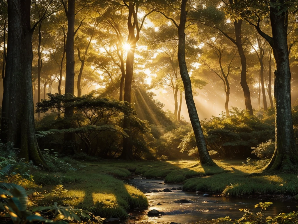 Create an awe-inspiring digital artwork that captures the serene beauty of an ancient forest at twilight. The scene should feature towering trees bathed in soft, golden light filtering through the foliage, casting gentle shadows on the lush undergrowth. The image should evoke a sense of tranquility and wonder, inviting viewers to immerse themselves in the enchanting realm of nature.