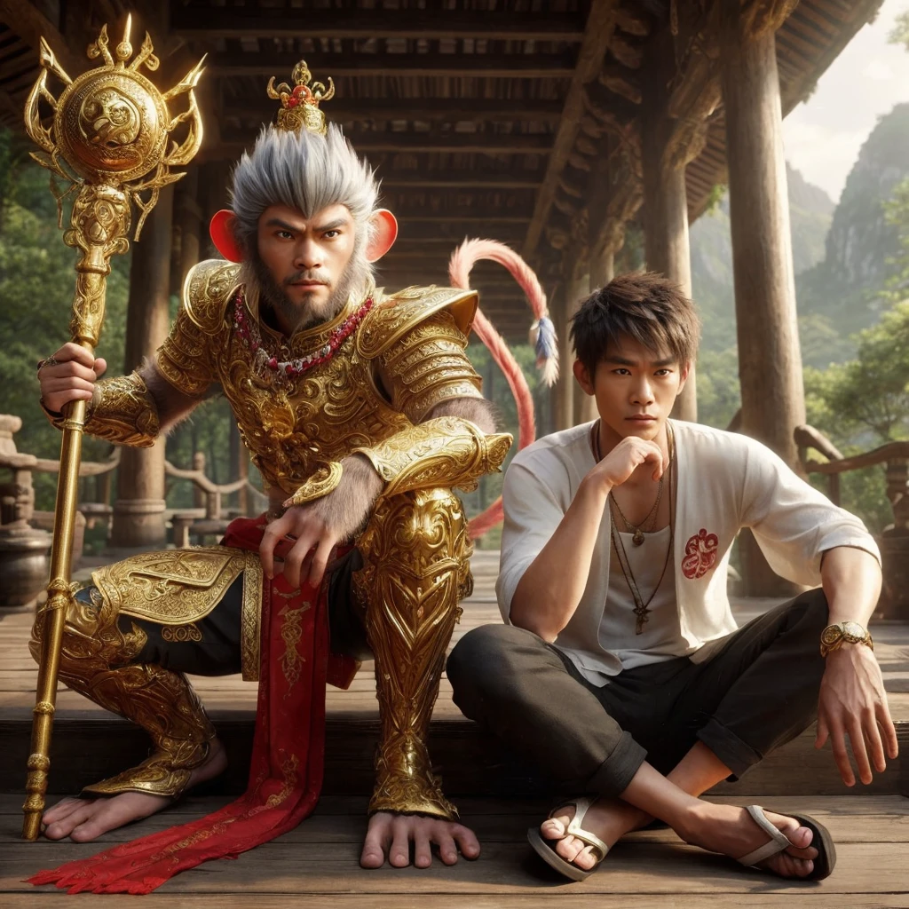 3d hyper realistic A Chinese fantasy film, young monkey king, was squatting while holding a large golden stick . beautiful golden armor and a long red cloak, glowing red eyes.next to him was a 25 year old Asian man with short and spiky hair wearing a white koko shirt, black trousers and sloping sandals, sitting cross-legged and daydreaming., the background of a tree house with a cool view. An epic scene with incredibly intricate details, cinematic, 4k,ultra realistic