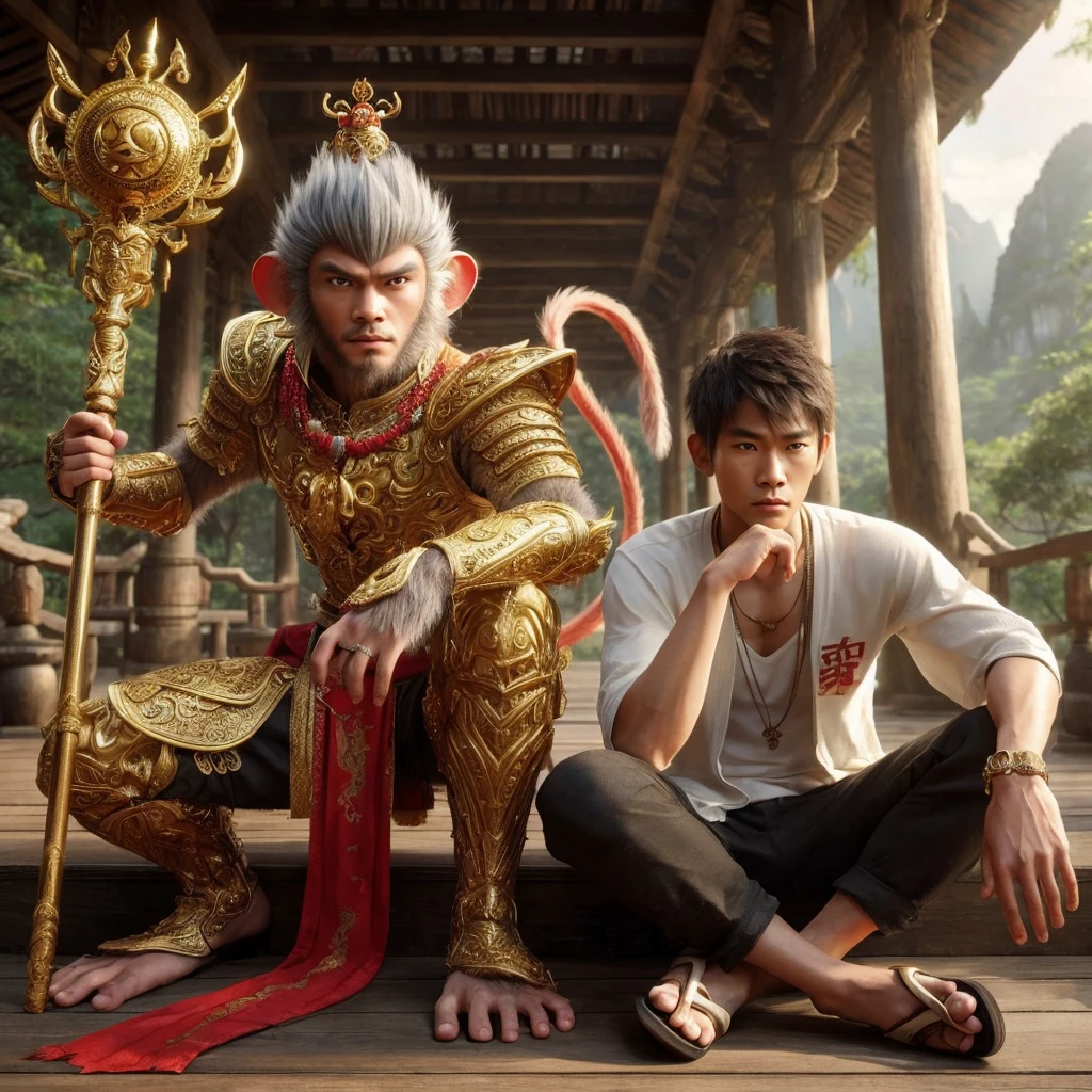 3d hyper realistic A Chinese fantasy film, young monkey king, was squatting while holding a large golden stick . beautiful golden armor and a long red cloak, glowing red eyes.next to him was a 25 year old Asian man with short and spiky hair wearing a white koko shirt, black trousers and sloping sandals, sitting cross-legged and daydreaming., the background of a tree house with a cool view. An epic scene with incredibly intricate details, cinematic, 4k,ultra realistic