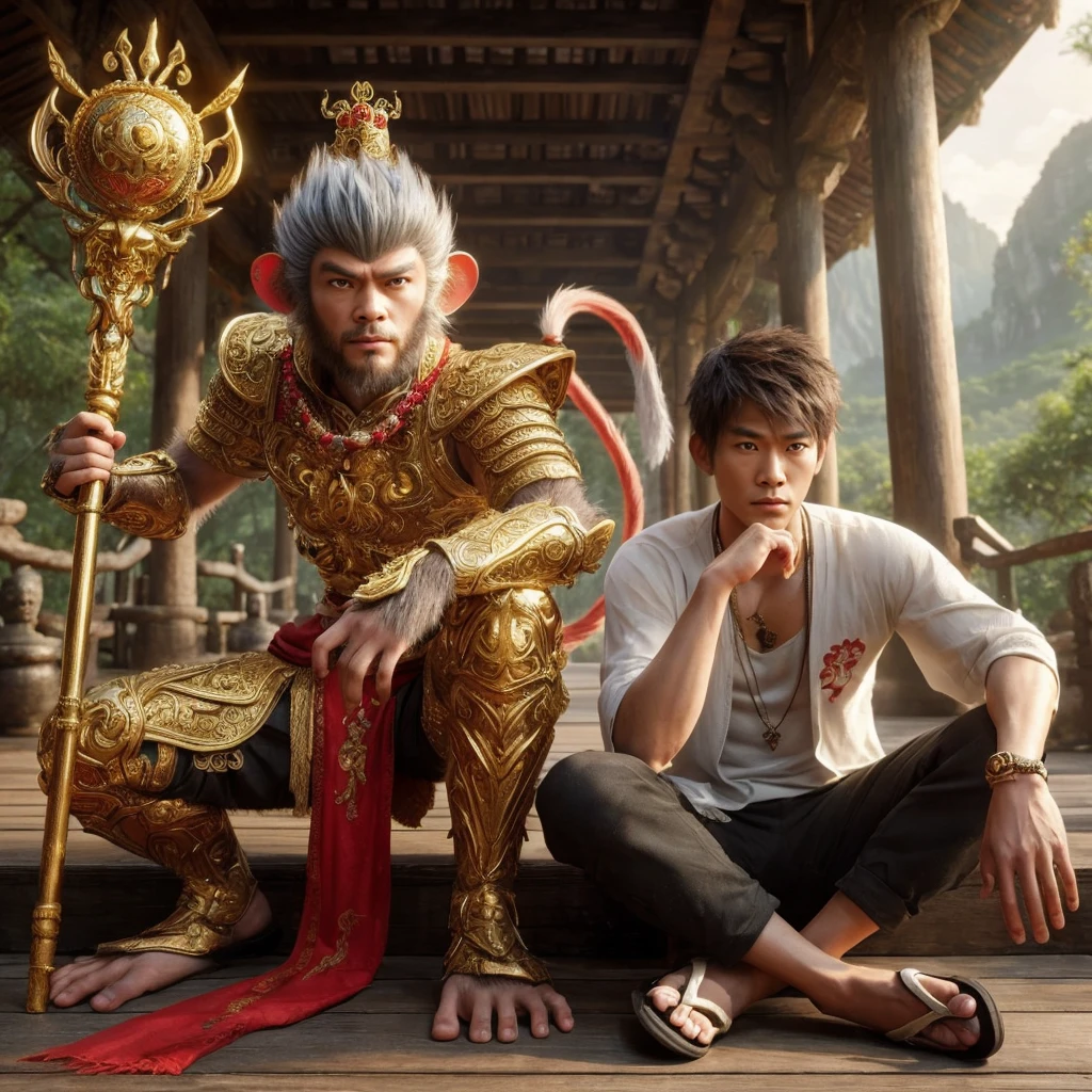 3d hyper realistic A Chinese fantasy film, young monkey king, was squatting while holding a large golden stick . beautiful golden armor and a long red cloak, glowing red eyes.next to him was a 25 year old Asian man with short and spiky hair wearing a white koko shirt, black trousers and sloping sandals, sitting cross-legged and daydreaming., the background of a tree house with a cool view. An epic scene with incredibly intricate details, cinematic, 4k,ultra realistic