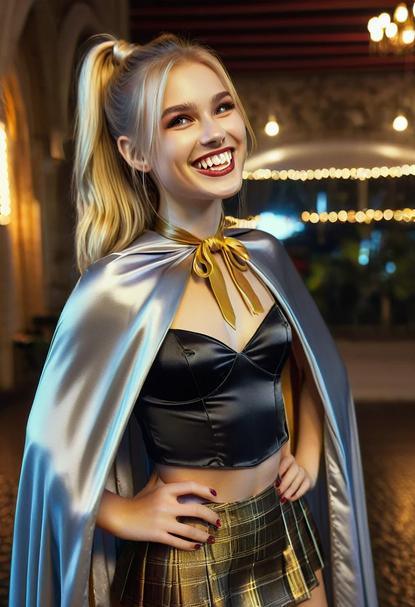 Vampyfangs1,(RAW photo) , 1girl, cute, 20 years old, long blonde hair in ponytail, smiling, look at viewer, ((((silver and gold lined satin cape tied at the neck)))+++, side spilt skirt , photo, realistic, best quality, hires, detailed face, detailed background, diffused lighting, depth of field, bokeh