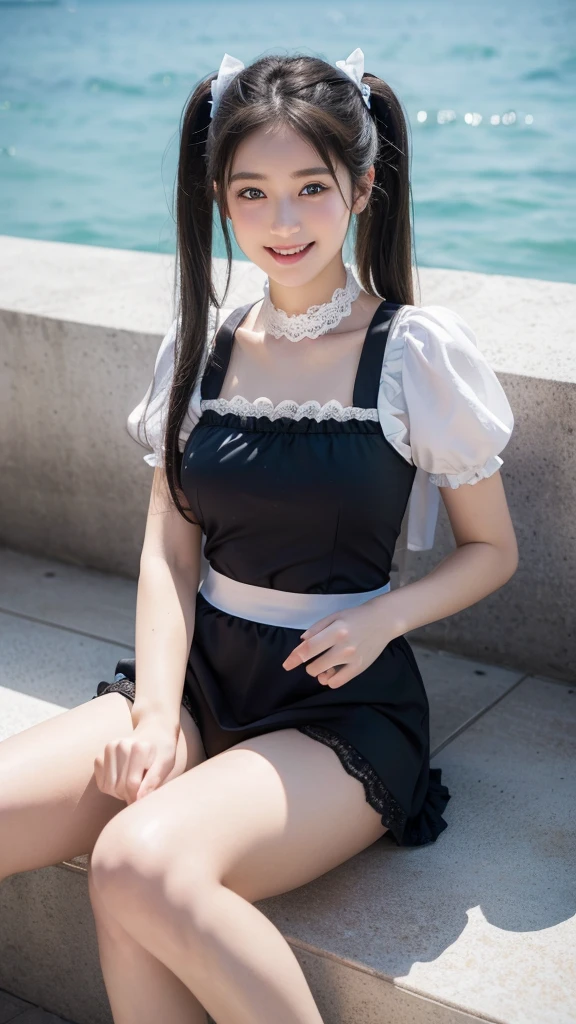 ((masterpiece)), ((highest quality、Ultra high definition)), (Very detailed),8K、Photo quality、((Amazingly cute girl)),( ), Two people, , (Beautiful emerald blue eyes), ((smile)),In the open-air bath overlooking the sea, Beautifully arranged black hair in twin tails、whole body、Cute lolita maid stylimsuit))、Professional Lighting、(White lace knee-highore detailed and beautiful)、(More details and cutenesore realistic)、(((Just wear light clothing)))、プールではしゃぐ、
