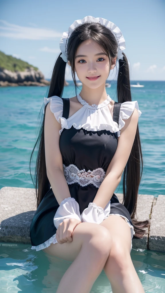 ((masterpiece)), ((highest quality、Ultra high definition)), (Very detailed),8K、Photo quality、((Amazingly cute girl)),)), Two people, , (Beautiful emerald blue eyes), ((smile)),In the open-air bath overlooking the sea, Beautifully arranged black hair in twin tails、whole body、Cute lolita maid stylimsuit))、Professional Lighting、(White lace knee-highore detailed and beautiful)、(More details and cutenesore realistic)、(((Just wear light clothing)))、プールではしゃぐ、