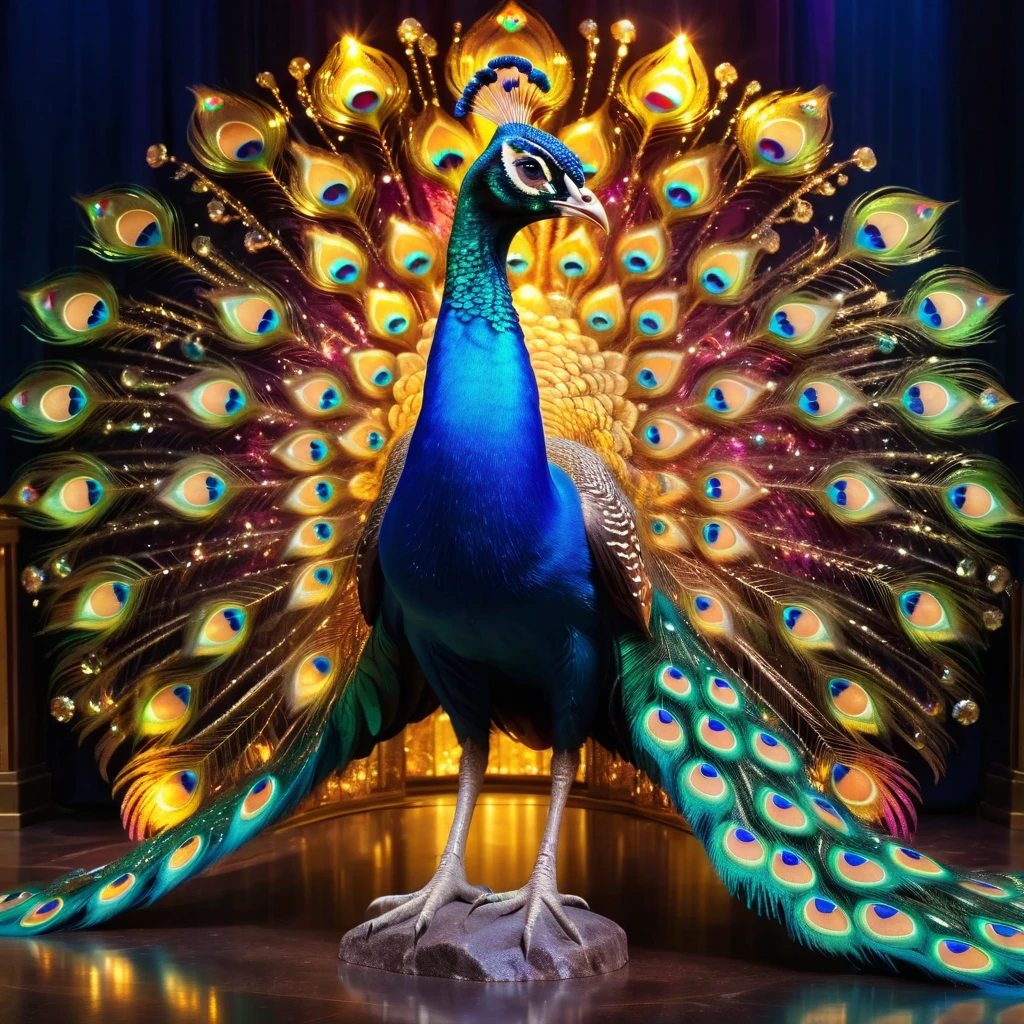 Peacock，Front upright，Crystal sparkle，Peacock开屏，Looking at the audience，fantasy，Colorful tones，masterpiece，Dramatic ethereal beauty，Panoramic view：1.2，Three light sources，reflected light