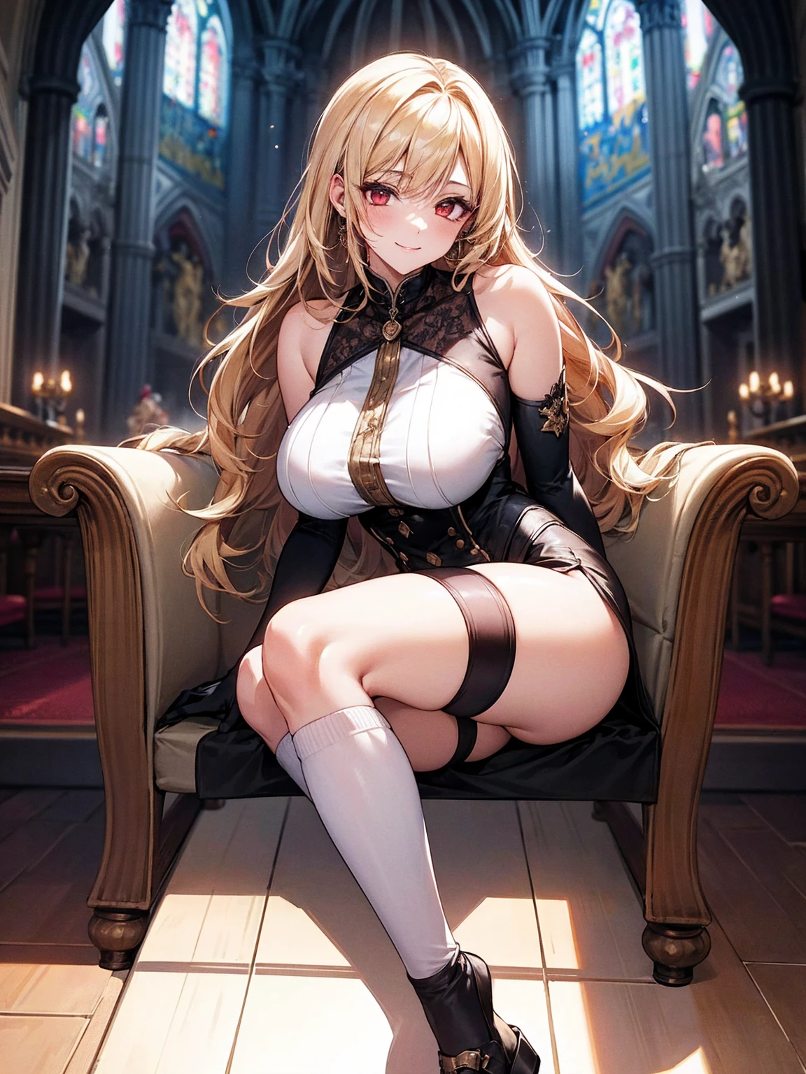 One Girl, Blonde, Red eyes, Big Breasts,, A shy smile, Mature Woman, Church Background, Textured skin, Ultra-high resolution, Ultra-high resolution, Ultra-high resolution, Ultra-high resolution, Awards, Attention to detail, Incredible high key lighting and shadows, masterpiece, Great illustrations,Knee-high socks、Long glovesKnee-high socks、Long gloves、Shoulders are exposed。Knee-high socks、Long socks、Attractive legs