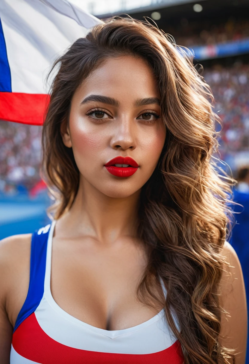 8k, extremely detailed hands and face, beautiful mixed girl, Long slightly wavy hair, extremely detailed full curvy body, beautiful chest, Euro Championship, France jersey, French flag on the cheeks, red lipstick, Stadium, Gradins, vibrant colors, natural lighting, (best quality,4k,,highres, masterpiece:1.2),ultra-detailed,(realistic,photorealistic,photo-realistic:1.37),portrait,landscape