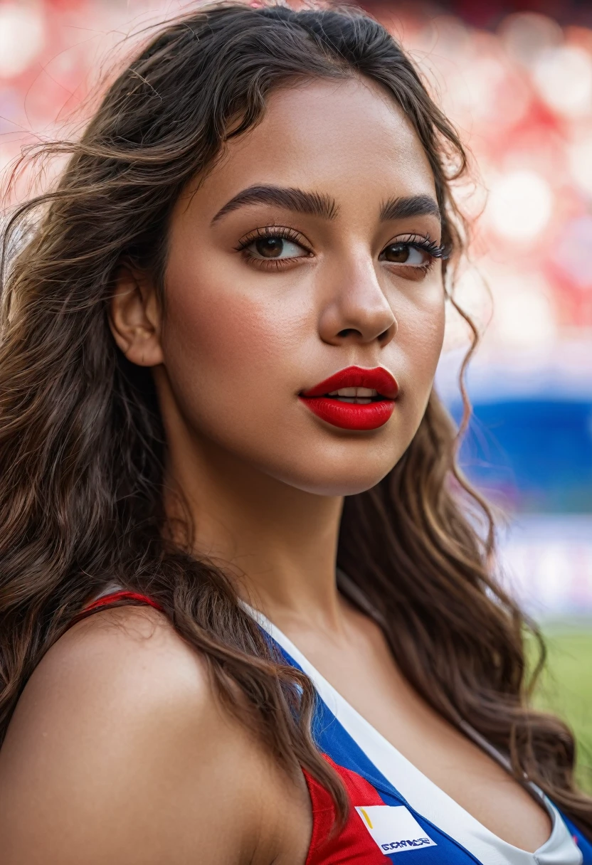 8k, extremely detailed hands and face, beautiful mixed girl, Long slightly wavy hair, extremely detailed full curvy body, beautiful chest, Euro Championship, France jersey, French flag on the cheeks, red lipstick, Stadium, Gradins, vibrant colors, natural lighting, (best quality,4k,,highres, masterpiece:1.2),ultra-detailed,(realistic,photorealistic,photo-realistic:1.37),portrait,landscape