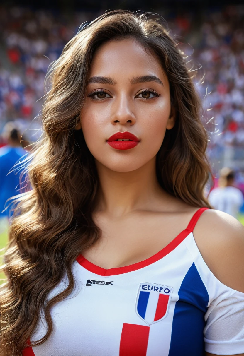 8k, extremely detailed hands and face, beautiful mixed girl, Long slightly wavy hair, extremely detailed full curvy body, beautiful chest, Euro Championship, France jersey, French flag on the cheeks, red lipstick, Stadium, Gradins, vibrant colors, natural lighting, (best quality,4k,,highres, masterpiece:1.2),ultra-detailed,(realistic,photorealistic,photo-realistic:1.37),portrait,landscape