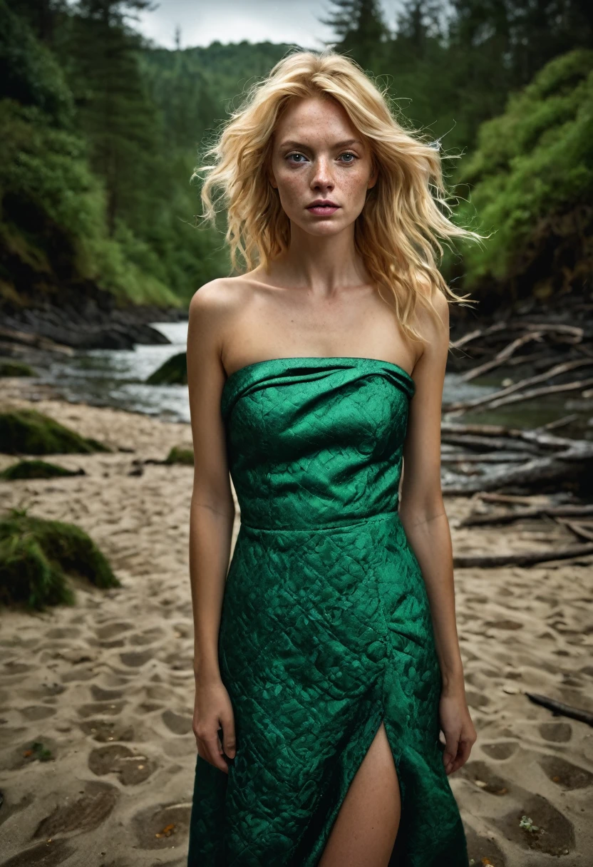 Best Quality Masterpiece Award Winning Photo Upper Body Woman Freckled Face Blonde Hair Windblown Blonde Emerald Eyes Strapless Dress Modern by Jeremy Lipking by Antonio J. Manzanedo by lee jeffries Nikon D850 film stock photo 4 camera kodak portra 400 lens f1.6 Rich Colors Realistic Textures Ultra-realistic Dramatic Lighting Unrealistic Mechanisms Art Station Cinestill 800 Trends, fisheye lens, quilt style, Windy beach, Scottish lake, forest