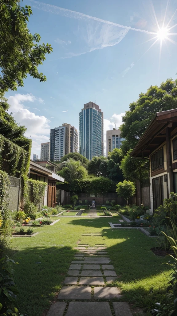 Create an image of a serene city landscape that embodies a capitalistic green utopia. The city should feature advanced, eco-friendly architecture and lush greenery integrated throughout. Include clear, blue skies and vibrant, colorful birds peacefully coexisting within the scene. Capture the tranquility and harmony of this utopian city, with elements such as solar panels, clean energy sources, parks, and community gardens seamlessly woven into the urban environment.